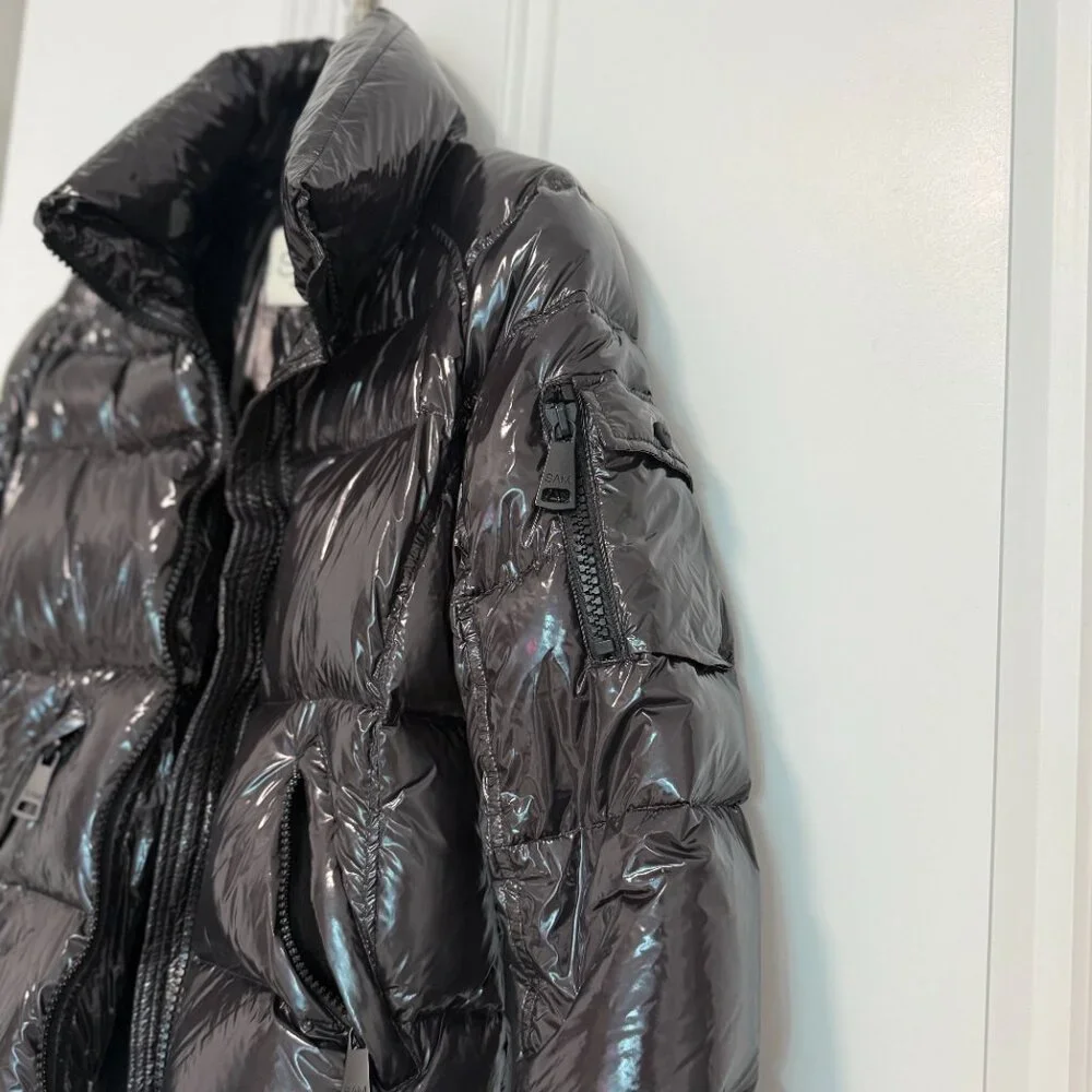 SAM. New York Glossy Down Puffer Jacket L Black/Charcoal | $395 Retail - Picture 8 of 10